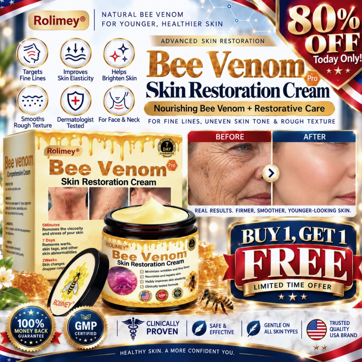 💗Official Brand Shop丨Rolimey® Bee venom Pro Comprehensive Cream—Tightening for Skin Types